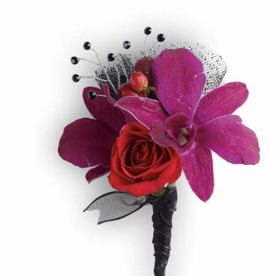Red rose boutonniere with magenta orchid petals and black accents