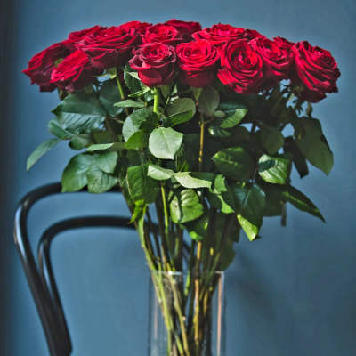 Red roses in a clear glass vase with a few roses on the table