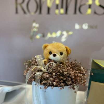 Teddy Love Box – Floral arrangement with teddy bear in a white box | Sweet gift in Orange County