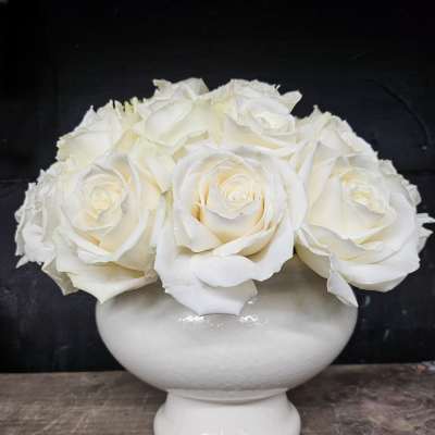White roses arranged in a white pedestal vase