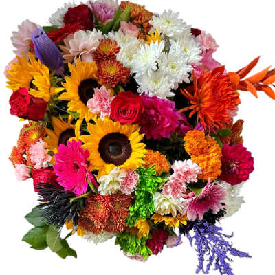 Colorful mixed bouquet with sunflowers, roses, and chrysanthemums