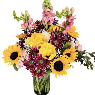 Tall mixed arrangement with sunflowers, burgundy mums, yellow blooms and pink snapdragons in a clear glass vase