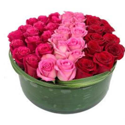 Round box filled with pink and red roses