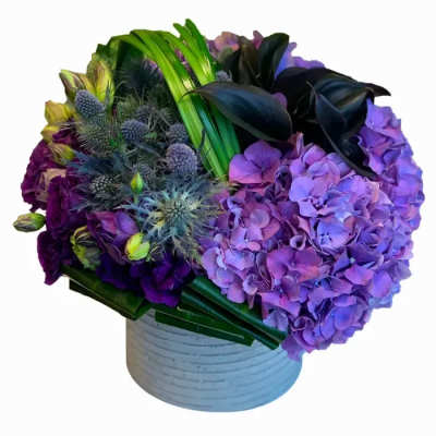 Purple hydrangea arrangement in a white ribbed vase with dark foliage