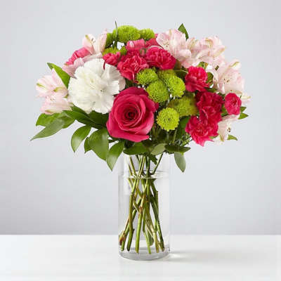 Bouquet of pink and white flowers in a clear glass vase