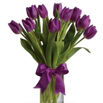 Purple tulips in a clear glass vase tied with a purple ribbon