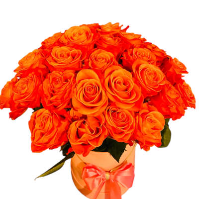 Orange rose bouquet in a round box with a ribbon