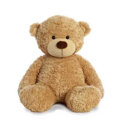 Light brown teddy bear plush toy sitting against a white background