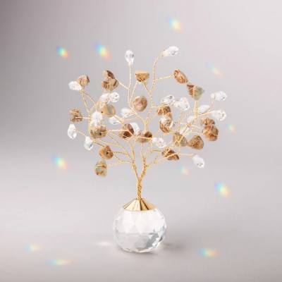 Small gold wire gemstone tree with crystal and stone beads in a faceted crystal orb base.