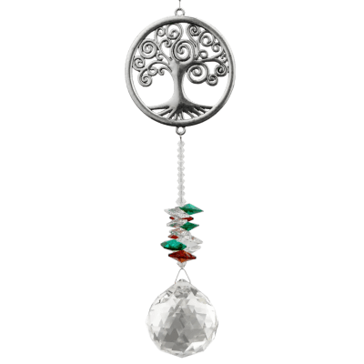 Hanging tree of life metal ornament with colored beads and clear faceted crystal ball
