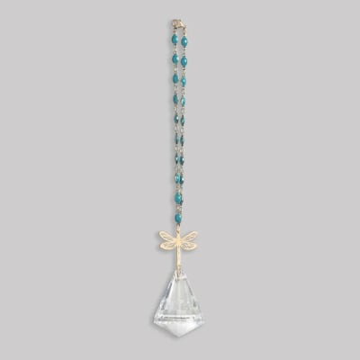 Hanging beaded ornament with gold dragonfly and clear crystal prism