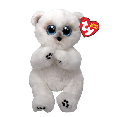 White plush bear with large blue eyes and a red heart-shaped tag on its ear.