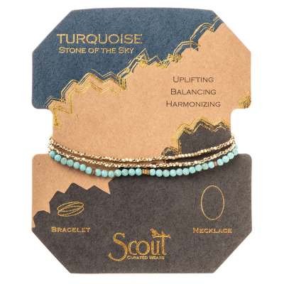 Turquoise and gold beaded bracelet-necklace set on a tan and dark gray Scout display card