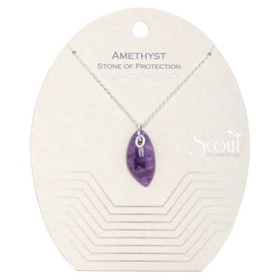 Silver chain necklace with a marquise-shaped purple amethyst pendant on a display card