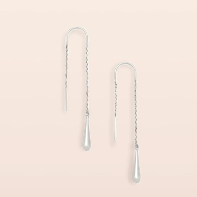 Pair of silver threader earrings with teardrop dangles on a light background