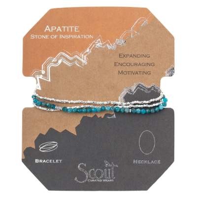 Teal and silver beaded wrap bracelet displayed on a brown and charcoal branded card.