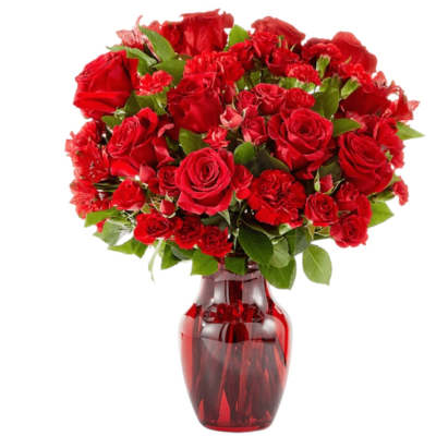 Red roses and carnations in a red glass vase