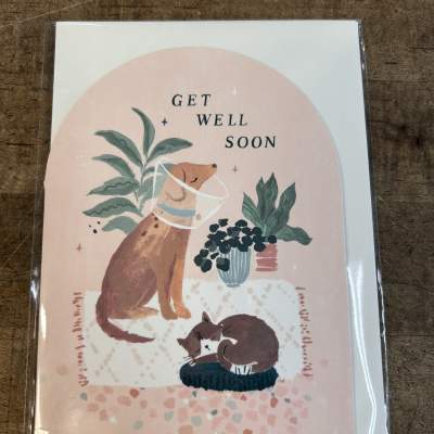 Get well soon card with illustrated dog in cone, sleeping cat, and houseplants on a peach background