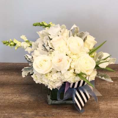 White rose and hydrangea arrangement in a square glass vase with striped ribbon