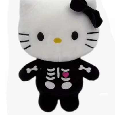 Hello Kitty plush toy in a black skeleton costume