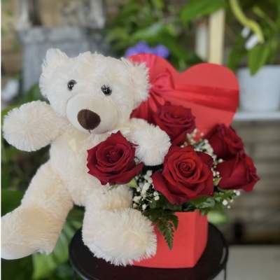 White teddy bear with red roses and a red heart box