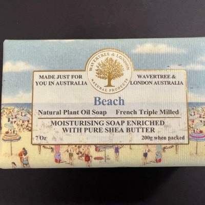 Wrapped bar of Beach soap with a seaside label