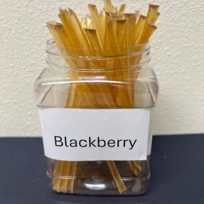 Clear jar filled with amber-colored sticks labeled Blackberry
