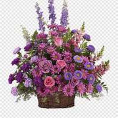 Basket arrangement of purple and pink flowers