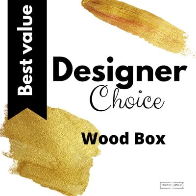 Graphic reading "Designer Choice Wood Box" with gold paint swatches