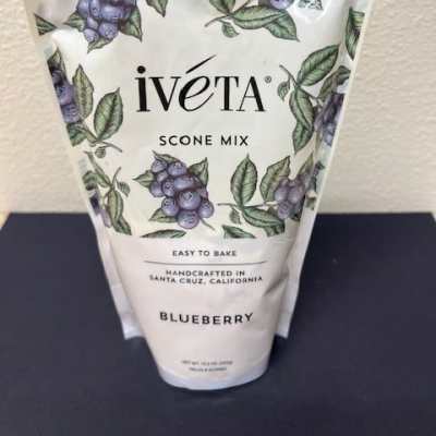 Blueberry scone mix pouch with berry and leaf illustrations