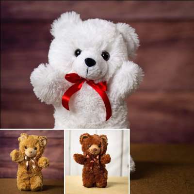 White teddy bear with a red ribbon, shown above two smaller teddy bears
