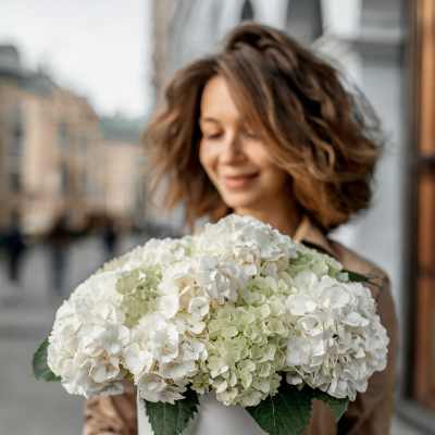 Woman holding a white hatbox of white hydrangeas