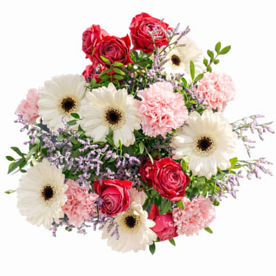 Bouquet of red roses, white gerbera daisies, and pink carnations