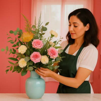 Pink roses and cream carnations in a blue vase