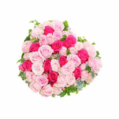 Bouquet of pink and hot pink roses with greenery