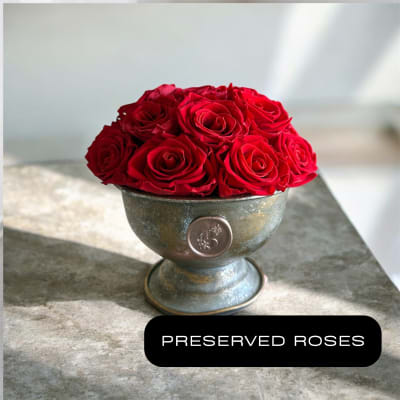 Red roses arranged in a small metal pedestal bowl