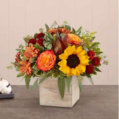 Autumn bouquet with sunflowers, roses, and red blooms in a wooden cube vase