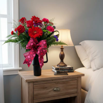 Red roses and gerbera daisies in a black vase with a pink heart ribbon
