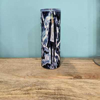 Tall cylindrical tumbler with an anime-style character graphic