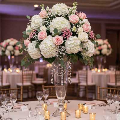 Tall floral centerpiece with white hydrangeas and pink roses in a glass vase