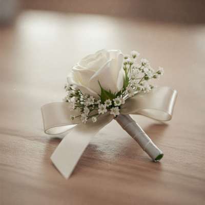 White rose boutonniere with baby's breath and satin ribbon