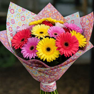 Bouquet of colorful gerbera daisies wrapped in patterned paper