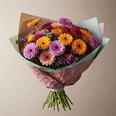 Bouquet of colorful gerbera daisies wrapped in pastel paper