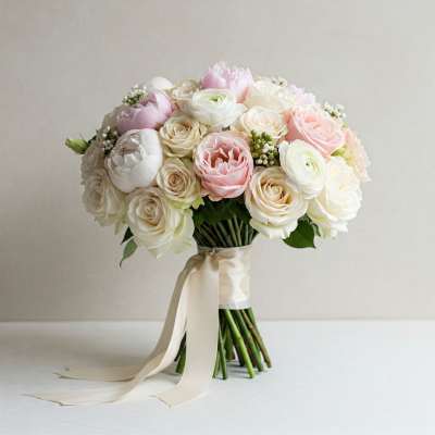 Bouquet of pale pink and white roses tied with a cream ribbon