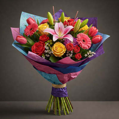 Colorful bouquet of roses, lilies, tulips, and gerbera daisies wrapped in bright paper
