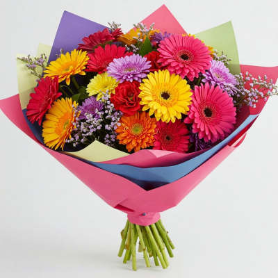 Bouquet of colorful gerbera daisies wrapped in pink paper