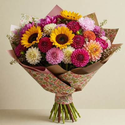 Colorful bouquet of sunflowers and dahlias wrapped in floral paper