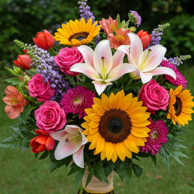 Mixed bouquet with sunflowers, pink roses, lilies, and purple flowers
