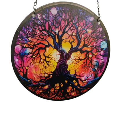 Round hanging wall art with a colorful tree design