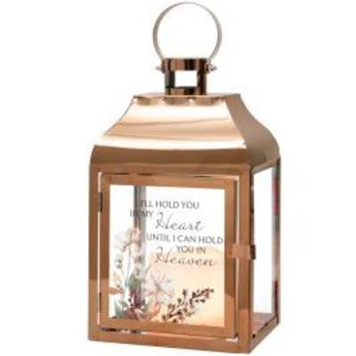 Rose gold metal lantern with glass panel printed with flowers and memorial text
